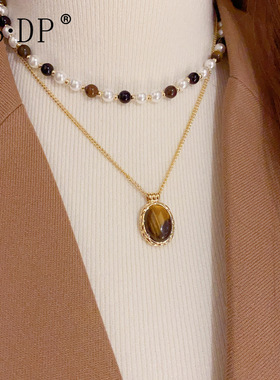 新中式复古气质ins双层叠戴仿珍珠虎眼石项链 小众设计时尚毛衣链