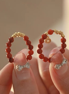 正宗『千万两』南红复古戒指龙年本命年红色戒指新中式弹力绳百搭