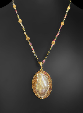 天然异形巴洛克珍珠铜镀18K真金链坠碧玺项链毛衣链ins潮抖音