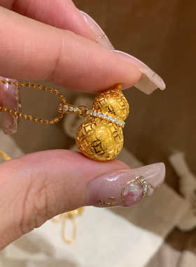 S925纯银黄金圈戗刻葫芦铜钱纹葫芦吊坠项链女国风复古