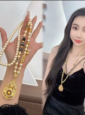 古法新中式点钻葫芦仿珍珠项链可转动精致国风长款毛衣链轻奢