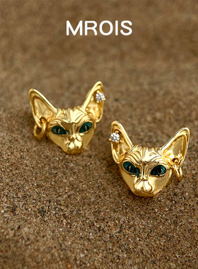 小众设计师款 电镀18K真金S925银针猫头个性新款爆款耳饰工厂耳钉