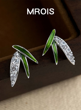 原创国潮新中式厚镀真金锆石竹叶S925银针耳钉女个性珐琅滴釉耳饰