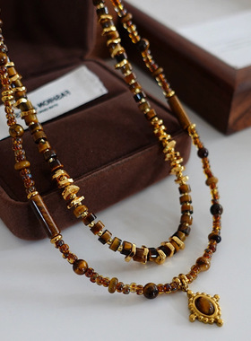 美拉德琥珀色进口米珠虎眼石项链秋冬时髦个性颈链小众设计毛衣链