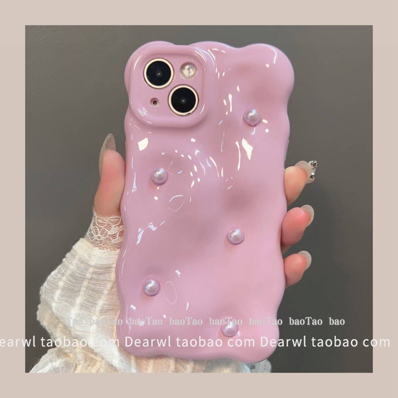 日韩ins奶油紫色立体珍珠陨石纹适用iPhone15pro max手机壳苹果14亮面13Pro女款12情侣11小众全包保护套