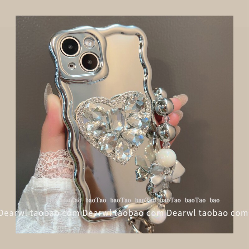 高级感电镀纯色波浪边补妆镜适用iPhone14pro max手机壳女款苹果13简约12mini创意11pro夏季xr新款xs网红78P