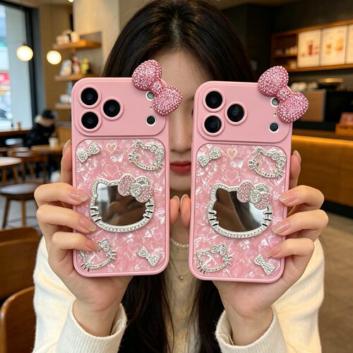 ins甜美少女粉可爱KT猫咪镜子蝴蝶结适用iPhone17pro max手机壳全包苹果16ProMax高级感15女14日韩13promax