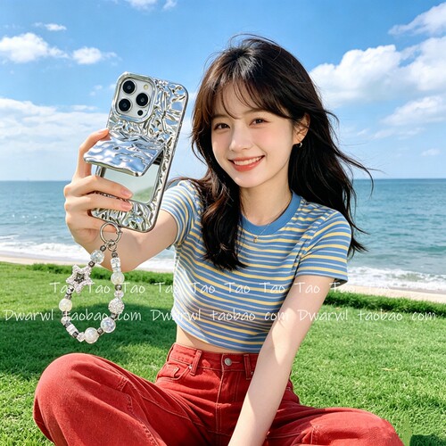 高级感翻盖补妆镜子带手提珍珠挂绳适用iPhone17手机壳苹果16pro max纯色15plus女14韩13全包12防摔11pro网红