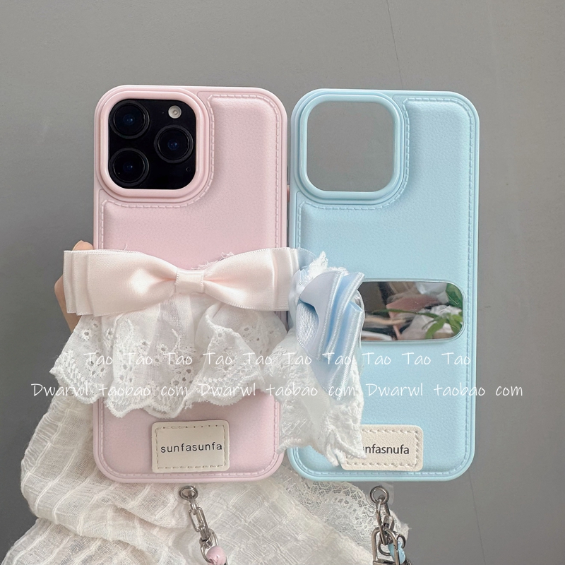 ins少女心蕾丝蝴蝶结补妆镜子适用iPhone17手机壳苹果16pro max可爱15全包14软13女12化妆镜面11网红xs