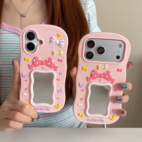 ins可爱少女蝴蝶结补妆镜子适用iPhone17PM手机壳苹果16pro max小众15plus全包14网红13女12防摔11ProMax