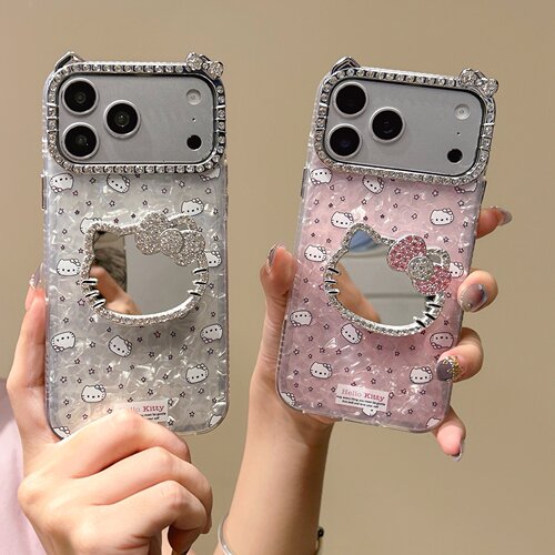 美少女ins呆萌可爱满屏KT猫咪补妆镜子适用iPhone17PM手机壳苹果16pro max小众15plus全包14网红13女12防摔11