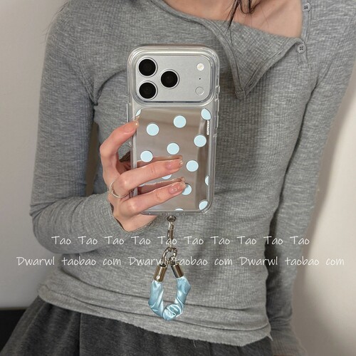 甜美少女化妆镜面清新夏日蓝波点ins手提挂绳适用iPhone17promax手机壳苹果16P韩15硅胶14pm软13PM全包防摔