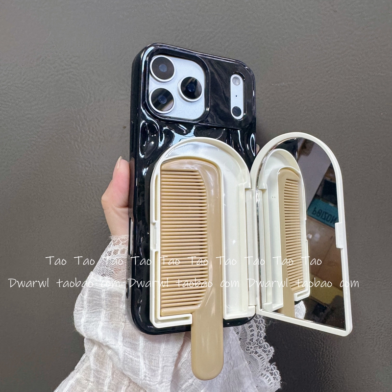 ins甜酷少女可爱小熊补妆折叠镜面适用iPhone17promax手机壳16Pro Max女款15pro化妆镜子14软13p保护12网红11