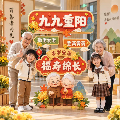 重阳节场景布置氛围装饰养老机构节日活动拍照打卡牌KT板拍照道具