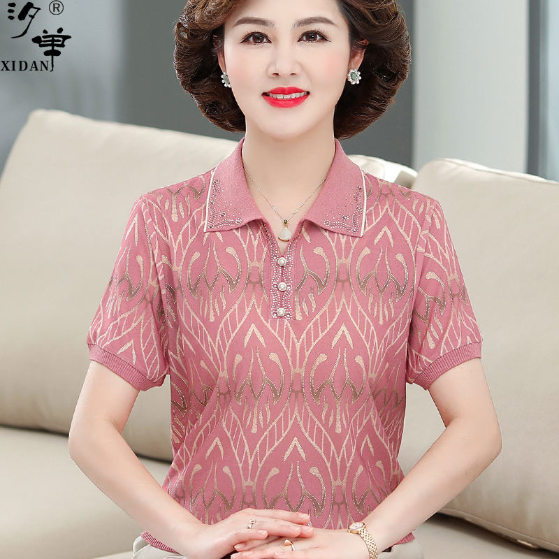 妈妈装夏季洋气冰丝翻领t恤小衫中老年大码女装短袖雪纺薄款上衣
