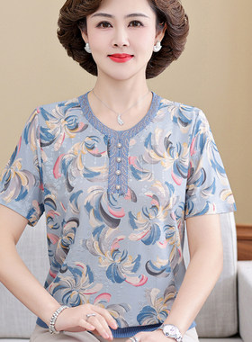 妈妈装夏季印花绸缎宽松冰丝T恤