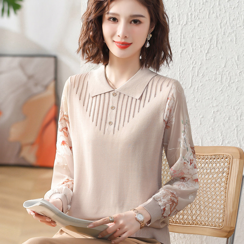 2026新款妈妈春装上衣服中年女装长袖T恤针织衫纱袖小衫中老年人