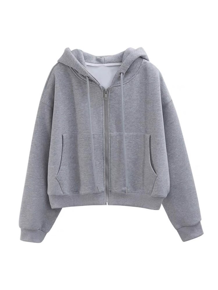 衫琪大洪官方旗舰店秋冬新款加绒连帽灰色卫衣女纯色保暖外套上衣