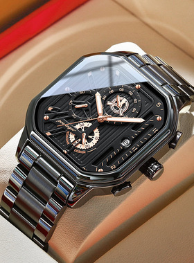 瑞士品牌防水多功能时尚方形男士手表钢带款石英表Men's watches