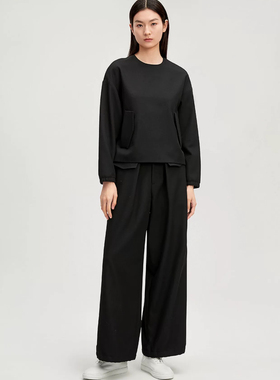 OVV高腰斜纹进口面料100羊毛抽绳显瘦阔腿裤休闲裤 国内代购