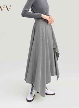 OVV女装秋冬羊毛混纺面料千鸟格不对称半裙国内正品代购