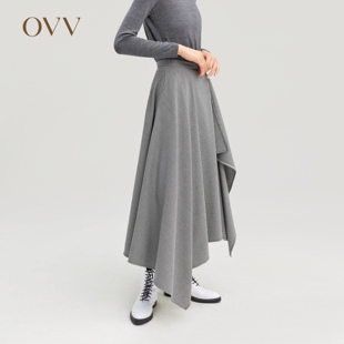 OVV女装秋冬羊毛混纺面料千鸟格不对称半裙国内正品代购