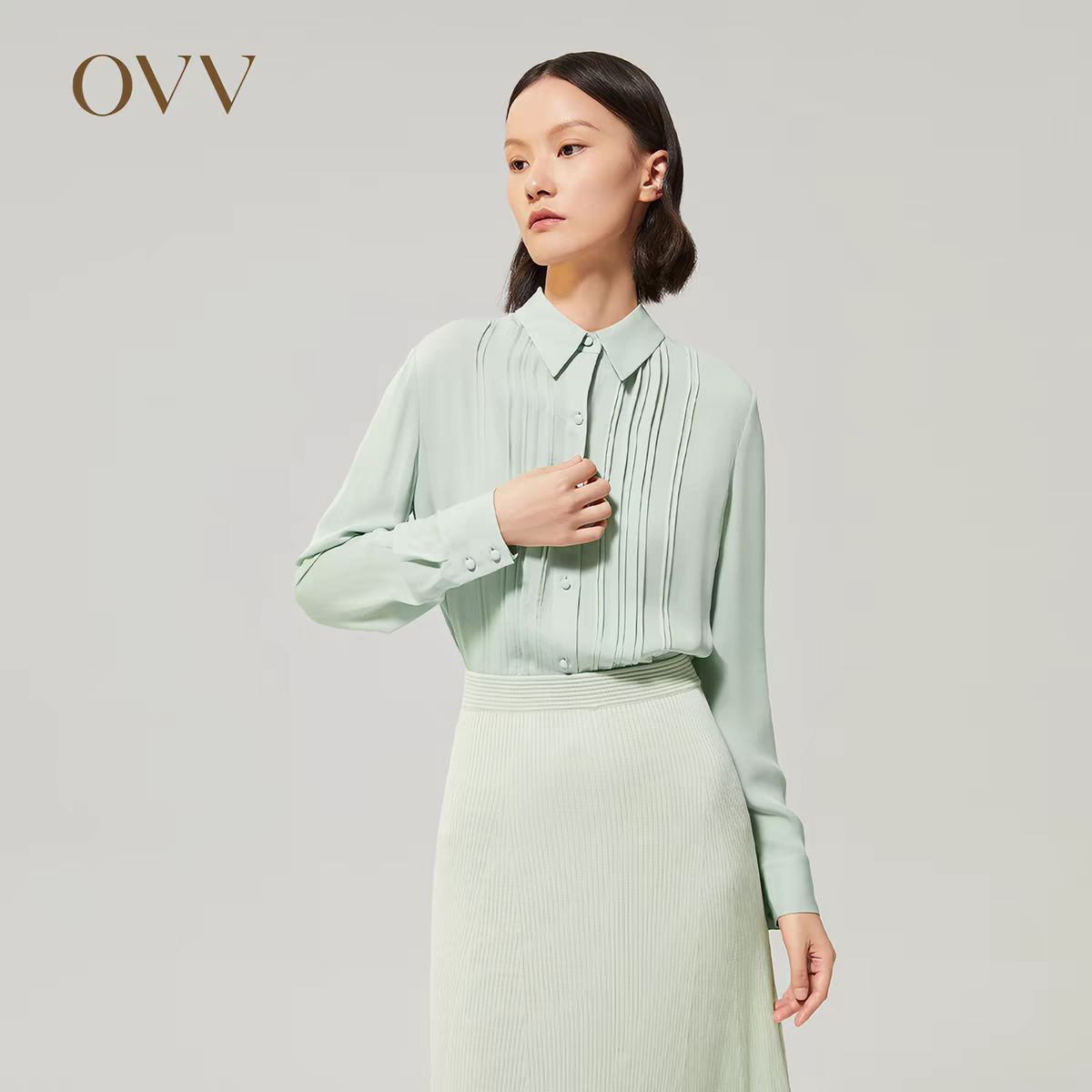 【重磅真丝】OVV秋冬女装19姆米双乔翻领百褶长袖衬衫 国内代购