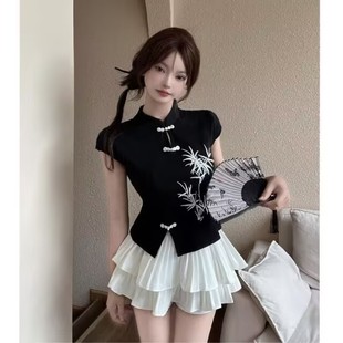 新款中国风夏季新中式竹子刺绣盘扣短袖设计感T女百褶裙套装女