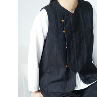 有叙新中式亚麻棉弧形下摆文艺复古斜襟右衽休闲百搭葵口领马甲