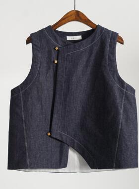 有叙原创新中式汉麻牛仔衣服搭子国风坎肩外套斜襟不规则马甲