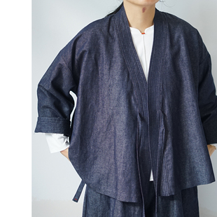 有叙新中式汉麻棉日常宽松阔版系带外搭上衣便装牛仔色汉服外套
