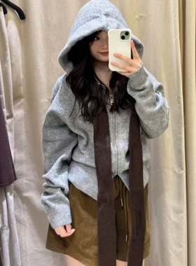 ZA外贸出口女装学院风法式礼节装饰蝴蝶结针织连帽外套 5536129