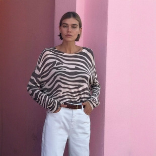 0506005 斑马纹印花休闲纹理垂感平针针织衫 ZA外贸出口新品 女装