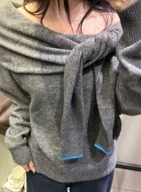 ZA外贸出口法式纯欲温柔一字肩打结装饰露肩针织衫上衣女3653108