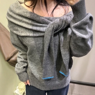 上衣女3653108 饰露肩针织衫 ZA外贸出口法式 纯欲温柔一字肩打结装