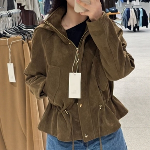 ZA外贸出口美式 8372284 伐木风保暖立领反绒皮效果连帽夹克外套女