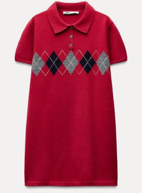 ZA外贸出口菱形图案本命年大红色慵懒风翻领迷你连衣裙女5755014