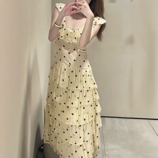 ZA外贸出口女装学院风分层下摆背心式波点不对称连衣裙 4772315