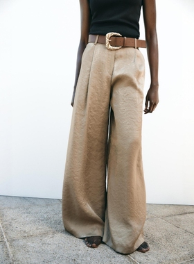 ZA外贸出口新品女装美式复古配腰带高腰垂感缎面休闲裤9193556