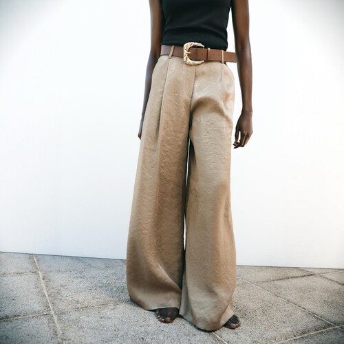 配腰带高腰垂感缎面休闲裤