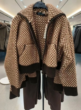 ZA外贸出口高领装饰撞色格纹皮草效果针织飞行员夹克外套5802104