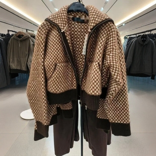 ZA外贸出口高领装 饰撞色格纹皮草效果针织飞行员夹克外套5802104