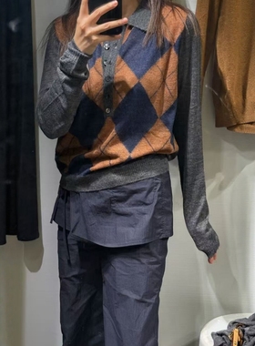 ZA外贸出口女装休闲老钱风小翻领菱形花纹灰色针织POLO衫 9598213