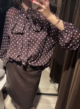 ZA外贸出口女装新款休闲系带装饰咖色蝴蝶结饰波点衬衫1165237