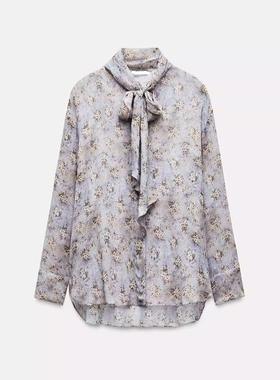 ZA外贸出口秋冬新款女装甜美法式领结紫色小碎花衬衫上衣8636068