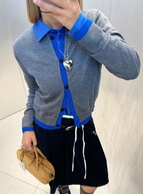 ZA外贸出口蓝色饰边撞色纽扣拼接圆领长袖针织外套 3581005 802