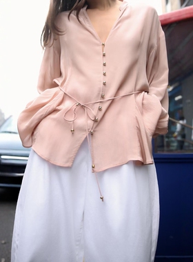 ZA外贸出口女装新品休闲宽松简约百搭细腰带亚麻衬衫2591811 942