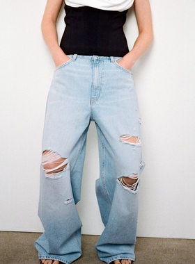 ZA外贸出口女装百搭显瘦浅蓝色破洞装饰高腰宽松牛仔裤8727011