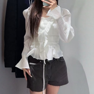 手工刺绣叠层装 ZA外贸出口女装 新款 法式 0881016 饰绑带薄纱衬衫