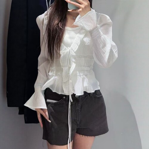 手工刺绣叠层装饰绑带薄纱衬衫